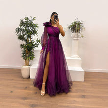 Load image into Gallery viewer, Spring Autumn Oblique Shoulder Mesh Floral Print Dress Casual Loose Party Dress Dress