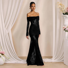 Load image into Gallery viewer, Autumn Elegant Lace Stitching off Shoulder Long Sleeve Narrow Dress Maxi Dress Women Evening Dress
