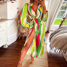 Load image into Gallery viewer, Women Clothing Autumn Sexy Slit Lace up Waist Controlled V neck Shirt Elegant Dress Women