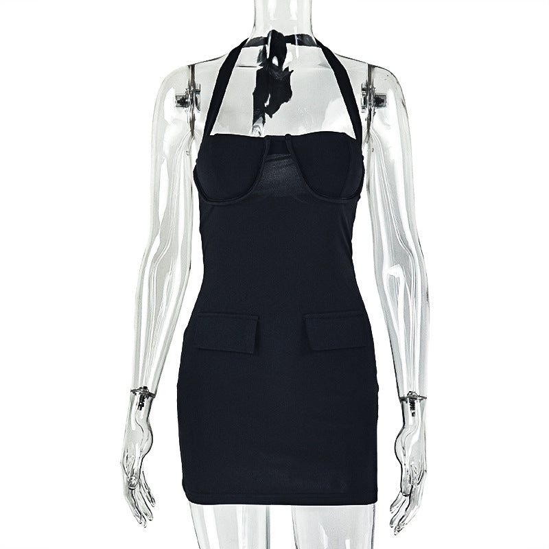 Solid Color Halter Women Clothing Close Fitting Slimming Pleated Hip Dress Short Elegant Backless Dress
