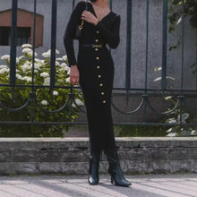 Load image into Gallery viewer, Autumn Winter Long Sleeve Knitted Dress Button Split Russia Hip Wrapped Sweater Cardigan Dress No Belt
