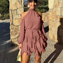Load image into Gallery viewer, Elegant Chiffon Dress Women Halter Off the Shoulder Long Sleeve High Waist A line Dress