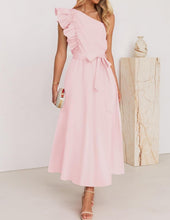 Load image into Gallery viewer, Women Maxi Dress Oblique Shoulder Wooden Ear Belt Dress Bridesmaid Toast Dress