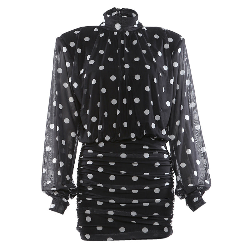 Women Clothing Polka Dot Design Turtleneck Backless Hip Wrapped Short Dress