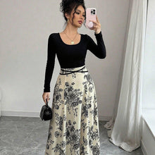 Load image into Gallery viewer, Square Collar Dress Women Elegant Floral Print Long Sleeve Waist Dress