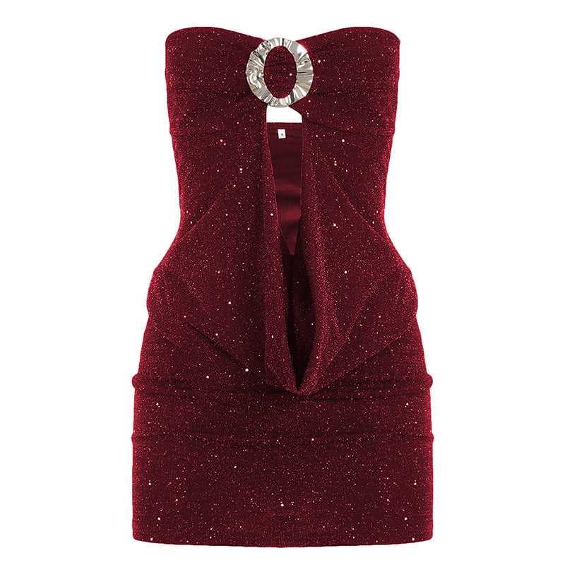 Women Clothing Thin Glittering round Buckle Bow Swing Collar Hollow Out Cutout out Tube Top Dress Party Sexy Hip Dress