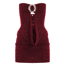 Load image into Gallery viewer, Women Clothing Thin Glittering round Buckle Bow Swing Collar Hollow Out Cutout out Tube Top Dress Party Sexy Hip Dress