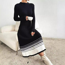 Load image into Gallery viewer, Women Clothing Underskirt Women Woolen Dress Black White Striped Pleated Dress Sweater Long Dress