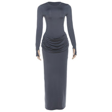 Load image into Gallery viewer, Women Clothing Autumn Winter Slim round Neck Solid Color Fold Split Long Sleeve Elegant Dress for Women
