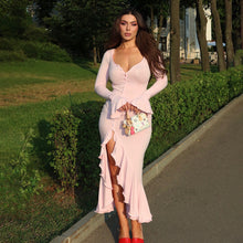 Load image into Gallery viewer, Sexy Sexy Solid Color Waist Tight Bell Sleeve Dress Single Breasted Side Slit Dress