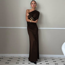 Load image into Gallery viewer, Women Clothing Autumn Fashionable Irregular Asymmetric off Shoulder Single Sleeve Pleated Maxi Dress