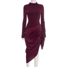 Load image into Gallery viewer, Women Clothing Autumn Winter Elegant Solid Color Waist Tight Irregular Asymmetric Oblique Swing Mid Length Dress