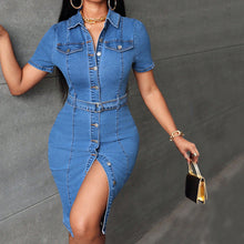 Load image into Gallery viewer, Women Clothing Elastic Mid Length Retro Slim Fit Breasted Hip Denim Dress