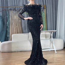Load image into Gallery viewer, Black off Shoulder Feather Fishtail Gown Entry Lux Elegant Ladies Cocktail Host Evening Dress