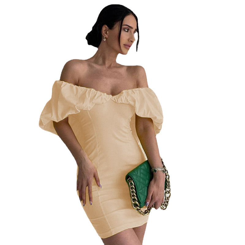 Spring Casual Vacation Tight Waist Slimming Sense Design Pleated Off Shoulder Hip Bag Dress