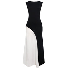 Load image into Gallery viewer, Cross Street round Neck Sleeveless Cinched Patchwork Black White Contrast Color High Waist Dress