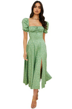 Load image into Gallery viewer, Women Summer Top Product Puff Sleeve Floral Tie Neck High Slit Women Dress Summer