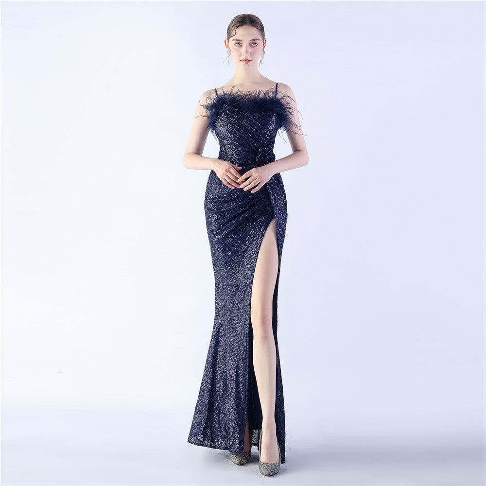 Ostrich Hair Craft Floral Wedding Annual Meeting High End Evening Dress