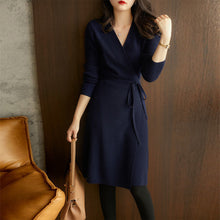 Load image into Gallery viewer, V neck Lace up Stomach Blanket Dress Women Autumn Winter Korean Loose Slim Socialite Knitted Dress