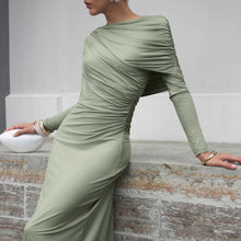 Load image into Gallery viewer, Fall Winter Elegant Long Sleeve Solid Color Knitted Slim Fit Maxi Dress Office Irregular Asymmetric Collar Dress for Women