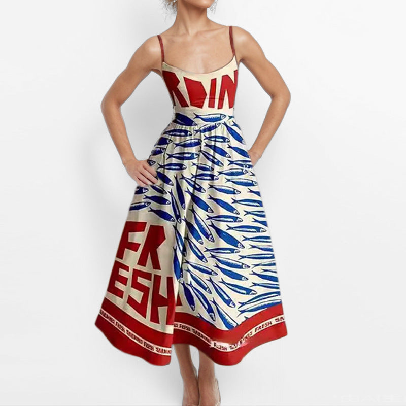 Spring Women Clothing Printing Pleated Waist Tight Large Swing Sling Dress