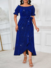 Load image into Gallery viewer, Women Solid Color Shiny off Shoulder Party Short Sleeve Waist Controlled A line Dress