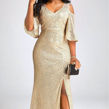 Load image into Gallery viewer, Autumn Elegant Off Shoulder Gold Sequ Annual Party Evening Dress Cocktail Evening Dress Dress