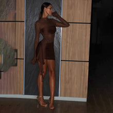 Load image into Gallery viewer, Women Sexy Mesh Stitching Hollow Out Cutout Pleated round Neck Slim Fit Long Sleeved Dress