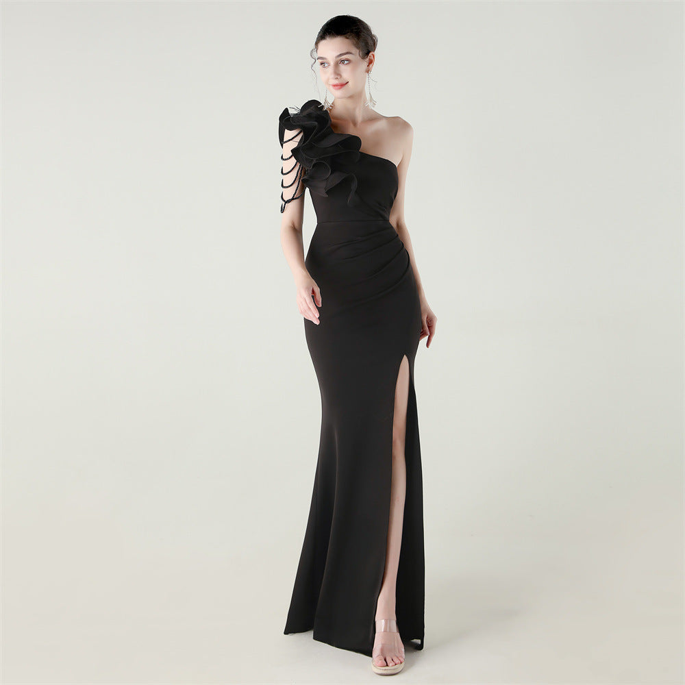 Single Shoulder Craft Beaded Nail Hair Wave Floral Satin High Slit Sexy Evening Dress Evening Cocktail Wedding