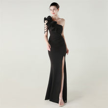 Load image into Gallery viewer, Single Shoulder Craft Beaded Nail Hair Wave Floral Satin High Slit Sexy Evening Dress Evening Cocktail Wedding