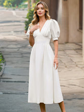 Load image into Gallery viewer, Summer Retro Solid Color V neck Lantern Sleeve Slim Fit Dress