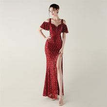 Load image into Gallery viewer, Bead Tube Sequin Heavy Industry Evening Dress Short Sleeve off the Shoulder Deep V Plunge High Slit Fishtail Dress Cocktail Socialite
