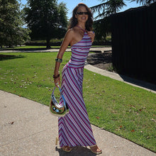 Load image into Gallery viewer, Women Clothing Summer Printed Striped Contrast Color Backless Slender Loose Sexy Dress