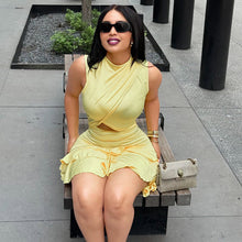 Load image into Gallery viewer, Solid Color Women Pleated Waist Tight A line Dress round Neck Cut out Ruffled Short Dress