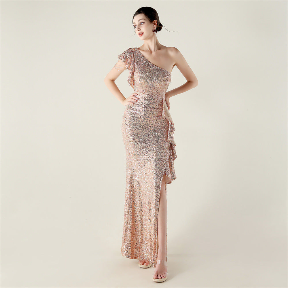 One Shoulder Ruffles Embellished Beaded Chain Handmade Sequined Evening Dress Cocktail Party Wedding