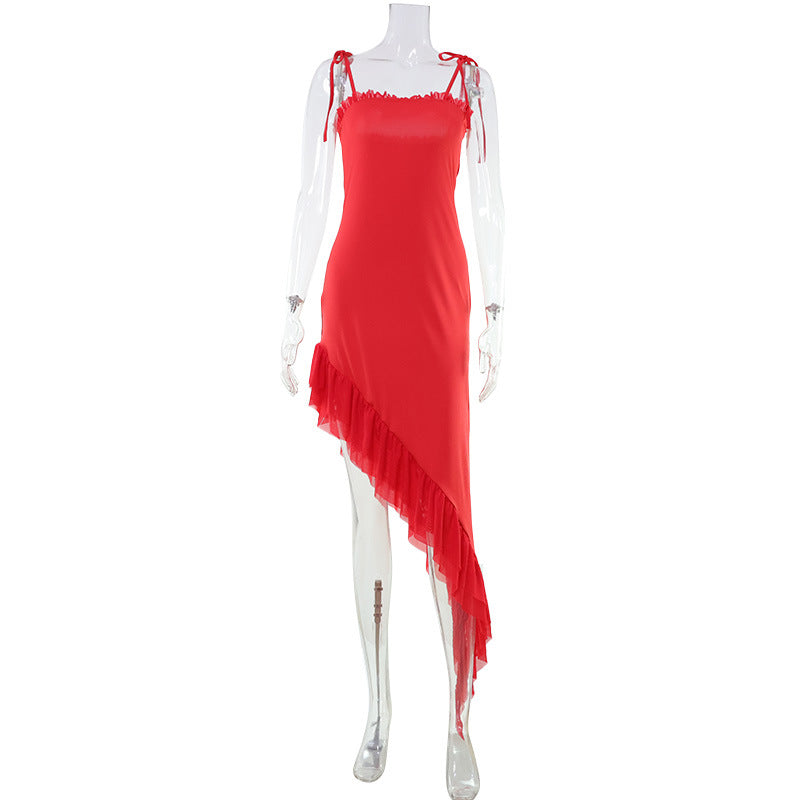 Women Clothes Fashionable Elegant Solid Color Slim Irregular Asymmetric Ruffled Spaghetti Straps Dress