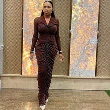 Load image into Gallery viewer, Women Clothing Pleated Slim Fit Elegant V neck Hip Dress Long Sleeve Solid Color Street Step Dress