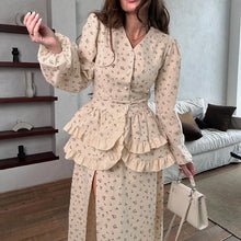 Load image into Gallery viewer, French Design Ruffled Waist Seal Printed V neck Puff Sleeve Elegant Split Dress Women Clothing