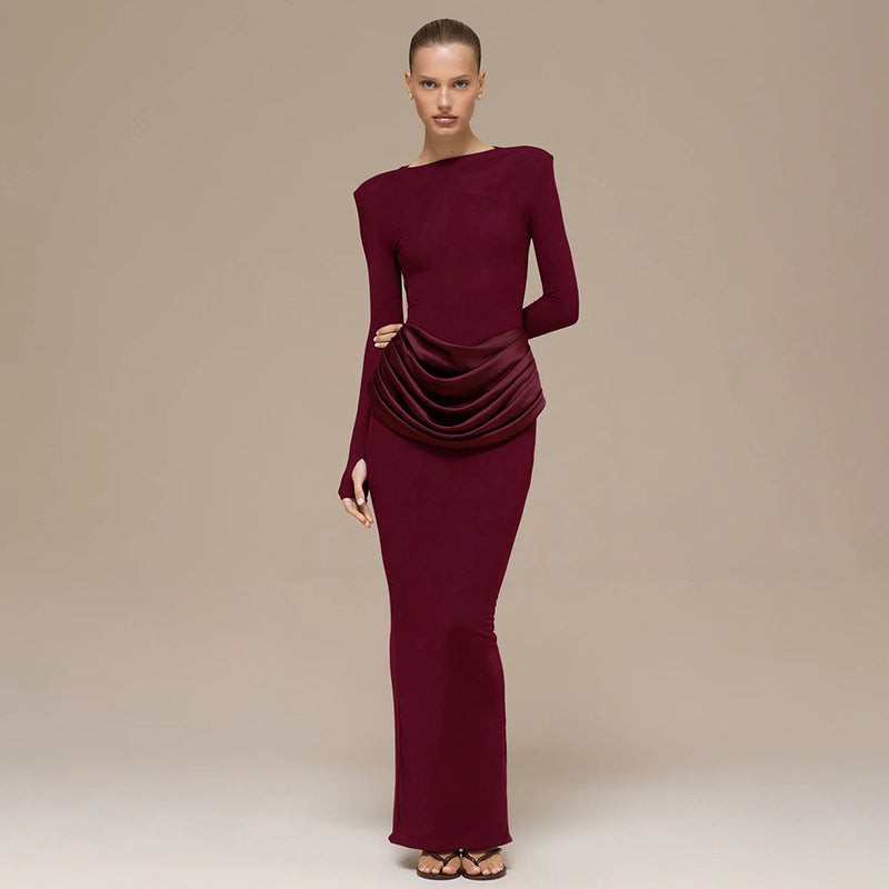 Women Clothing Autumn Winter Elegant Lady Slim Fit Long Sleeve Pleated Sheath Maxi Dress