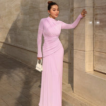 Load image into Gallery viewer, Women Clothing Summer Elegant Slim Pleated Zipper round Neck Long Sleeved Dress