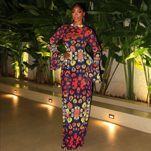 Load image into Gallery viewer, Retro Women Wear Waist Trimming Printing Hip Dress Hollow Out Cutout round Neck Flared Sleeves Maxi Dress