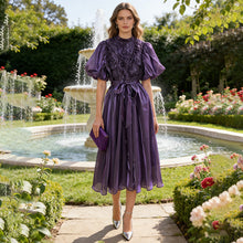 Load image into Gallery viewer, Elegant Retro Maxi Dress Spring Waist Tight Slimming Lace up Lantern Sleeve round Neck High Waist Dress