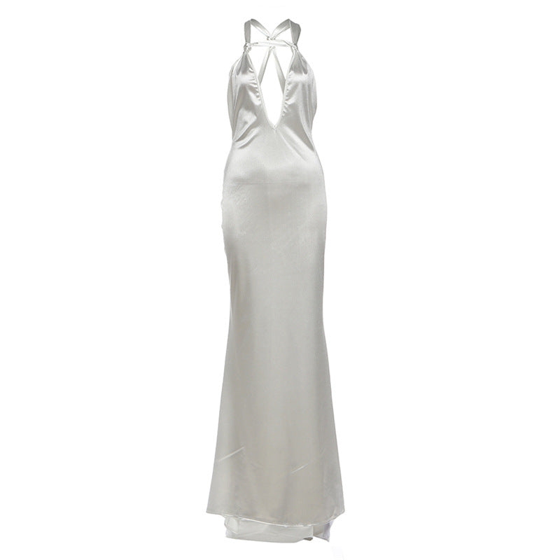 Autumn Winter Women Solid Color Sexy Deep V Plunge neck Backless Formal Dress Strap Dress
