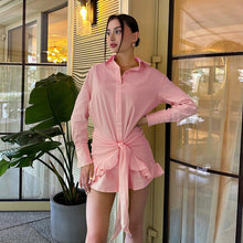 Load image into Gallery viewer, Full Support Ruffled Lace up Casual Elegant Solid Color Long Sleeve Shirt Dress