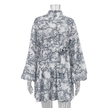 Load image into Gallery viewer, Early Spring National Ink Printing Short Dress Puff Sleeve Stand Up Collar Tie Retro A Line Dress