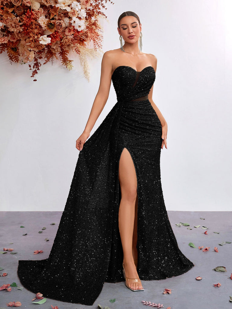 Light Luxury Sequ Tube Top Sexy High Waist Slit Fishtail Evening Dress Cocktail High Grade Socialite Dress