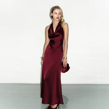 Load image into Gallery viewer, Low Cut Halter Swing Collar Sexy Backless Wine Red Slim Fit Graceful Satin Dress