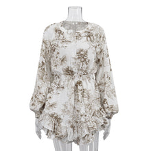 Load image into Gallery viewer, Autumn Cotton Champray Printed Casual Dress Women round Neck Long Sleeve Ruffles A line Dress
