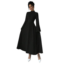 Load image into Gallery viewer, Black Stand up Collar Waist Maxi Dress Women Autumn Winter Long Sleeve Retro Large Bell Sleeve Solid Color Dress