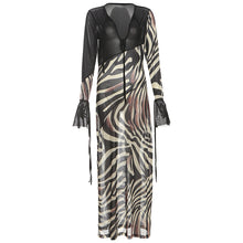 Load image into Gallery viewer, Summer Women Clothing Color Contrast Printed Sexy V neck Mesh Long Sleeve Dress